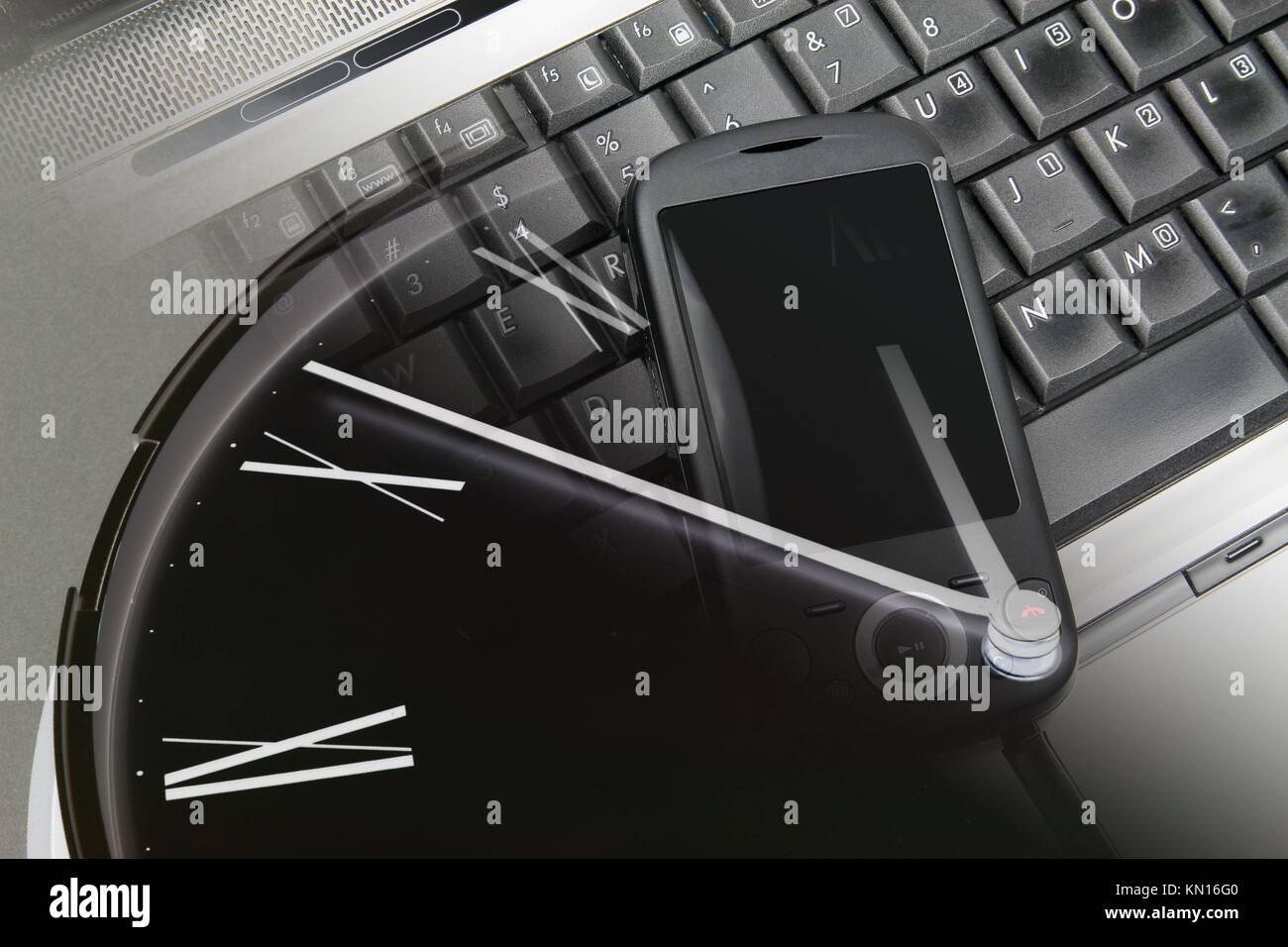 Composite of Clock, Smart Phone and Laptop Stock Photo Alamy