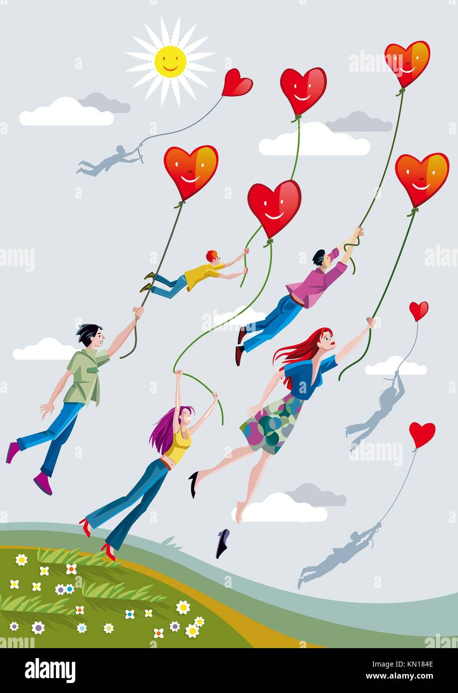 Boys and girls are raised over the fields clinging to ropes that hold