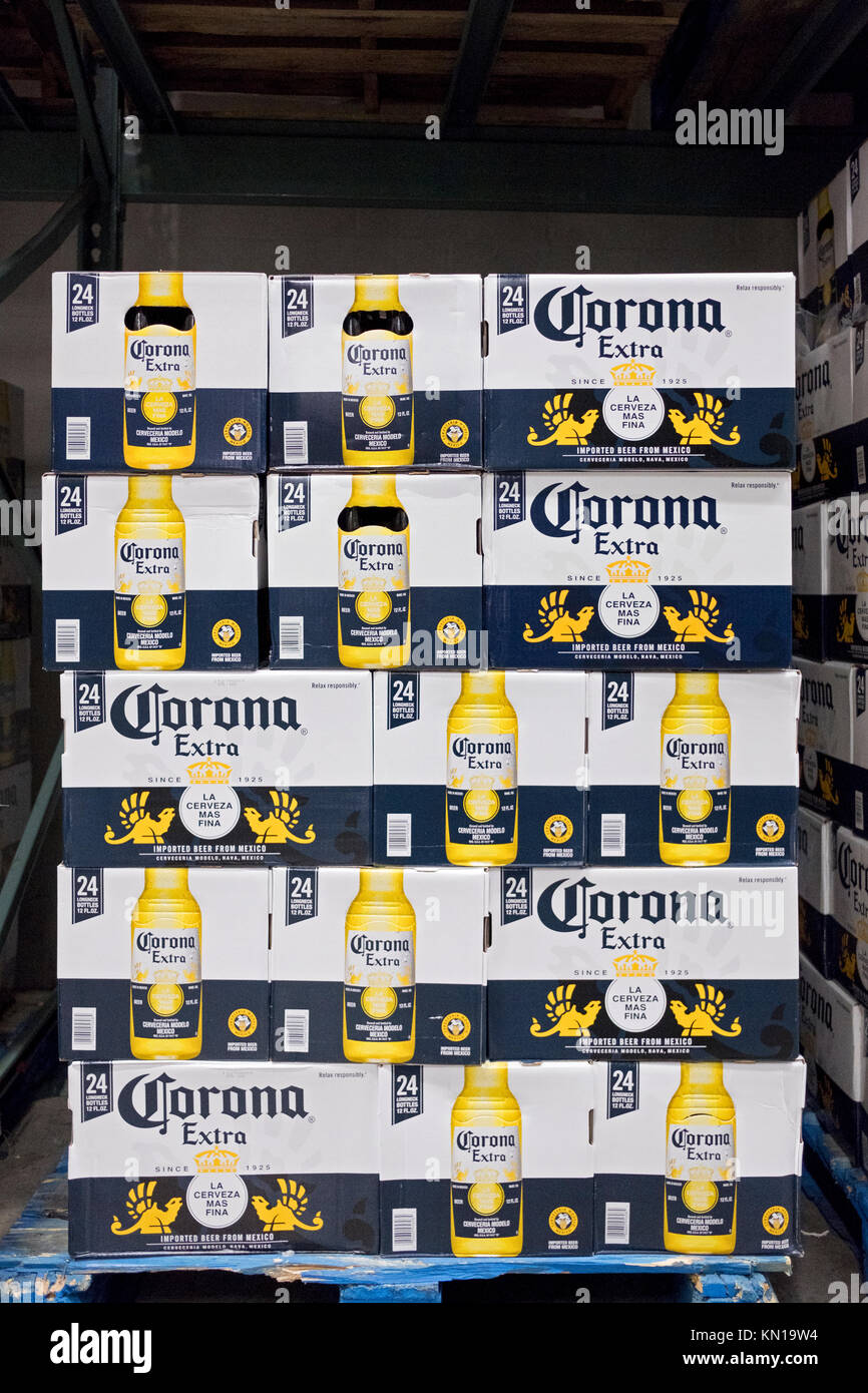 Cases of 24 bottles of Corona Extra for sale at BJ's Wholesale Club in College Point, Queens, New York. Stock Photo