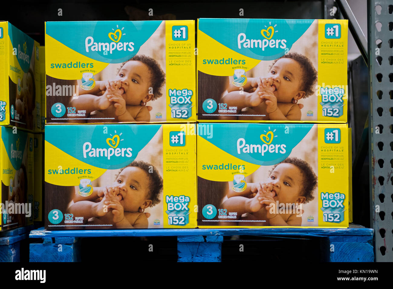 Mega boxes of Pampers baby diapers for sale at BJ's Wholesale Club in Whitestone, Queens, New York. Stock Photo