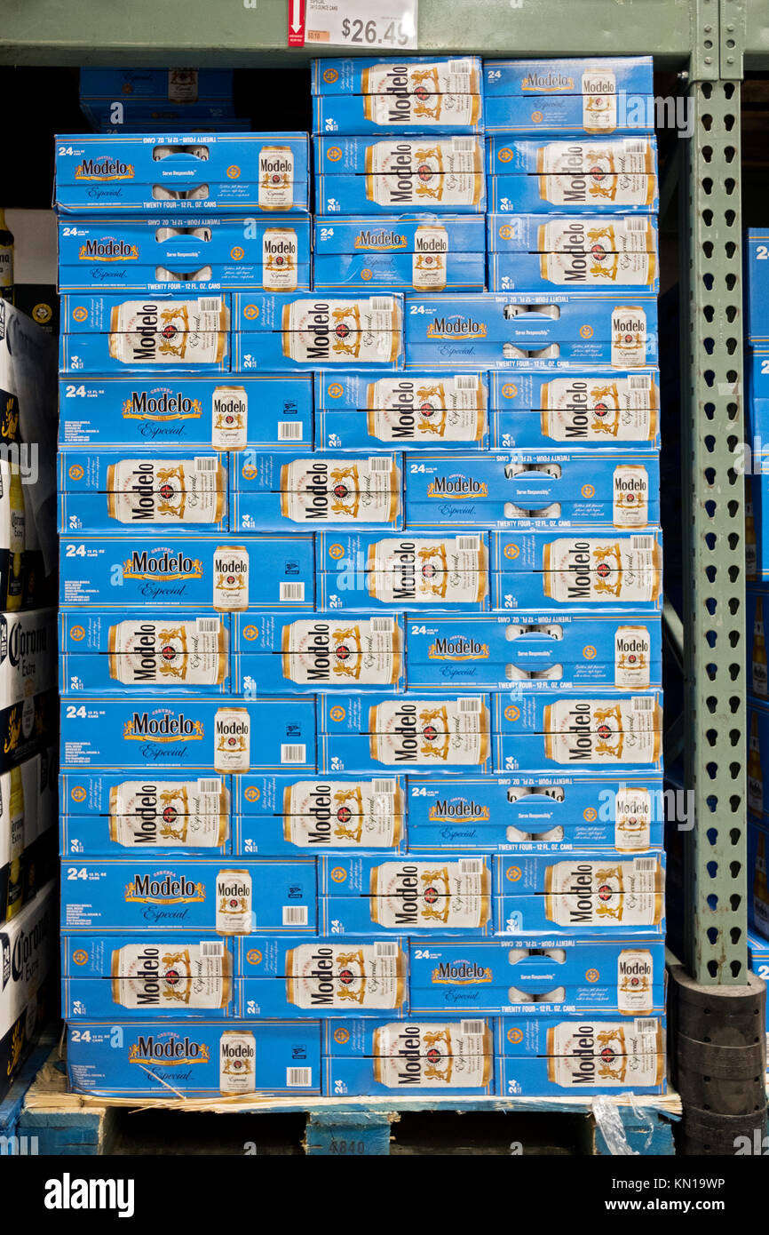 Cases of 24 Modello beer cans for sale at BJ's Wholesale Club in Whitestone, Queens, New York. Stock Photo