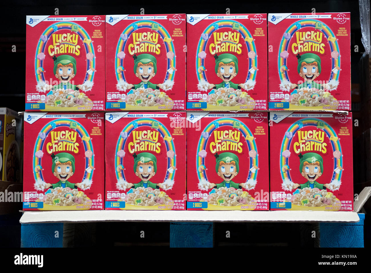 Large size double boxes of Lucky Charms cereal for sale at BJ's Wholesale Club in Whitestone, Queens, New York. Stock Photo