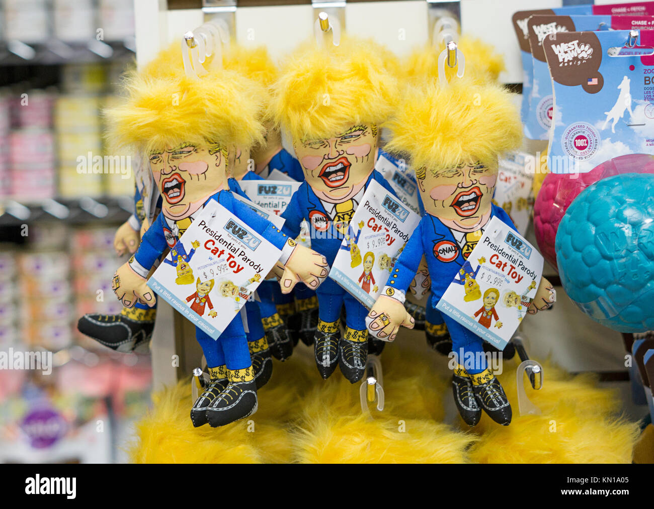Donald Trump cat toys for sale at a pet supply store on West 23rd Street in Manhattan, New York City. Stock Photo