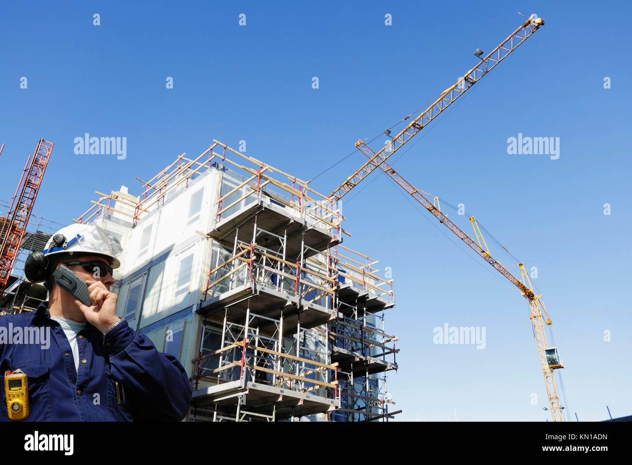 construction worker with scaffolding and cranes. Gothenburg. Sweden ...
