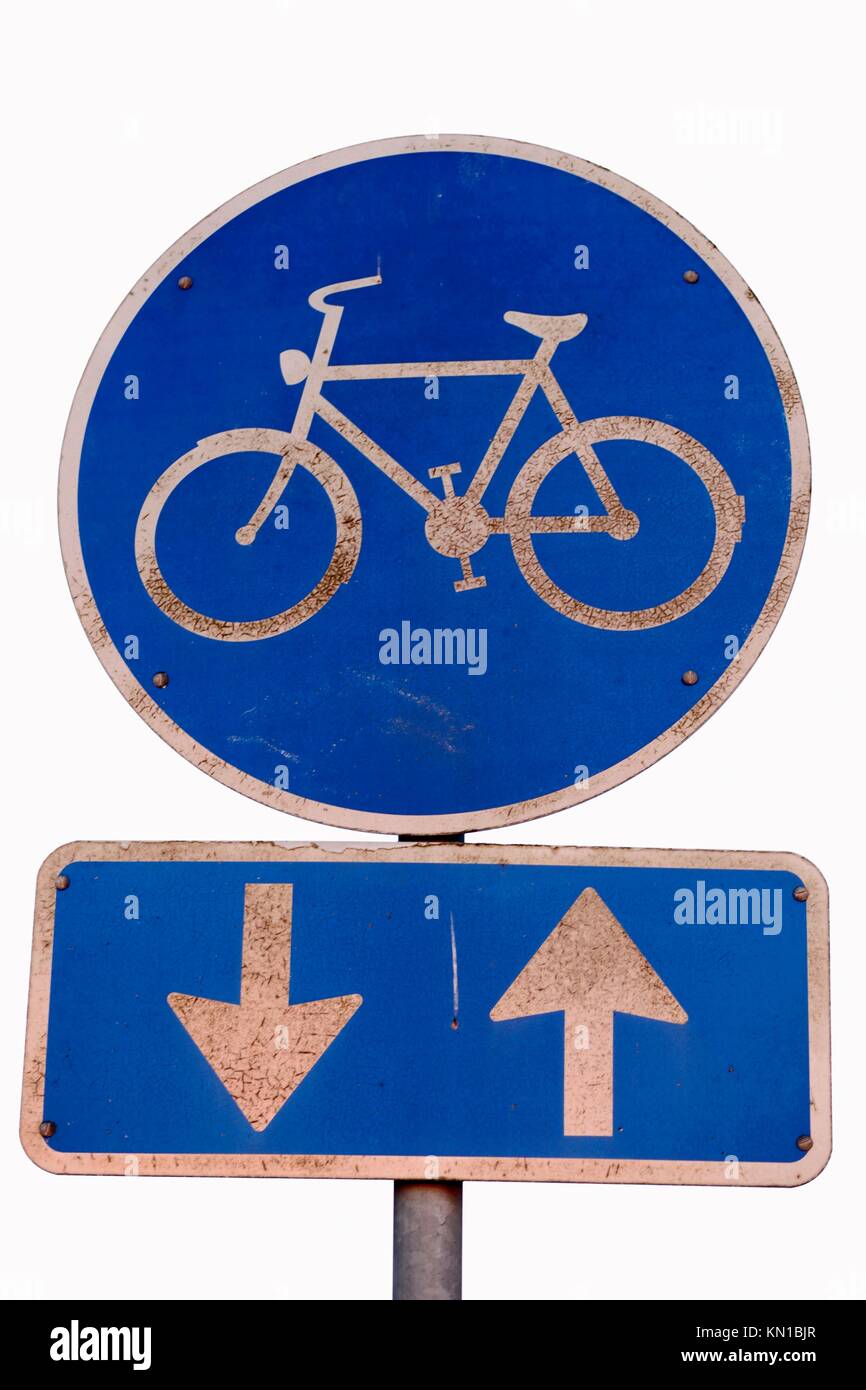 Blue bike lane sign both directions Stock Photo Alamy