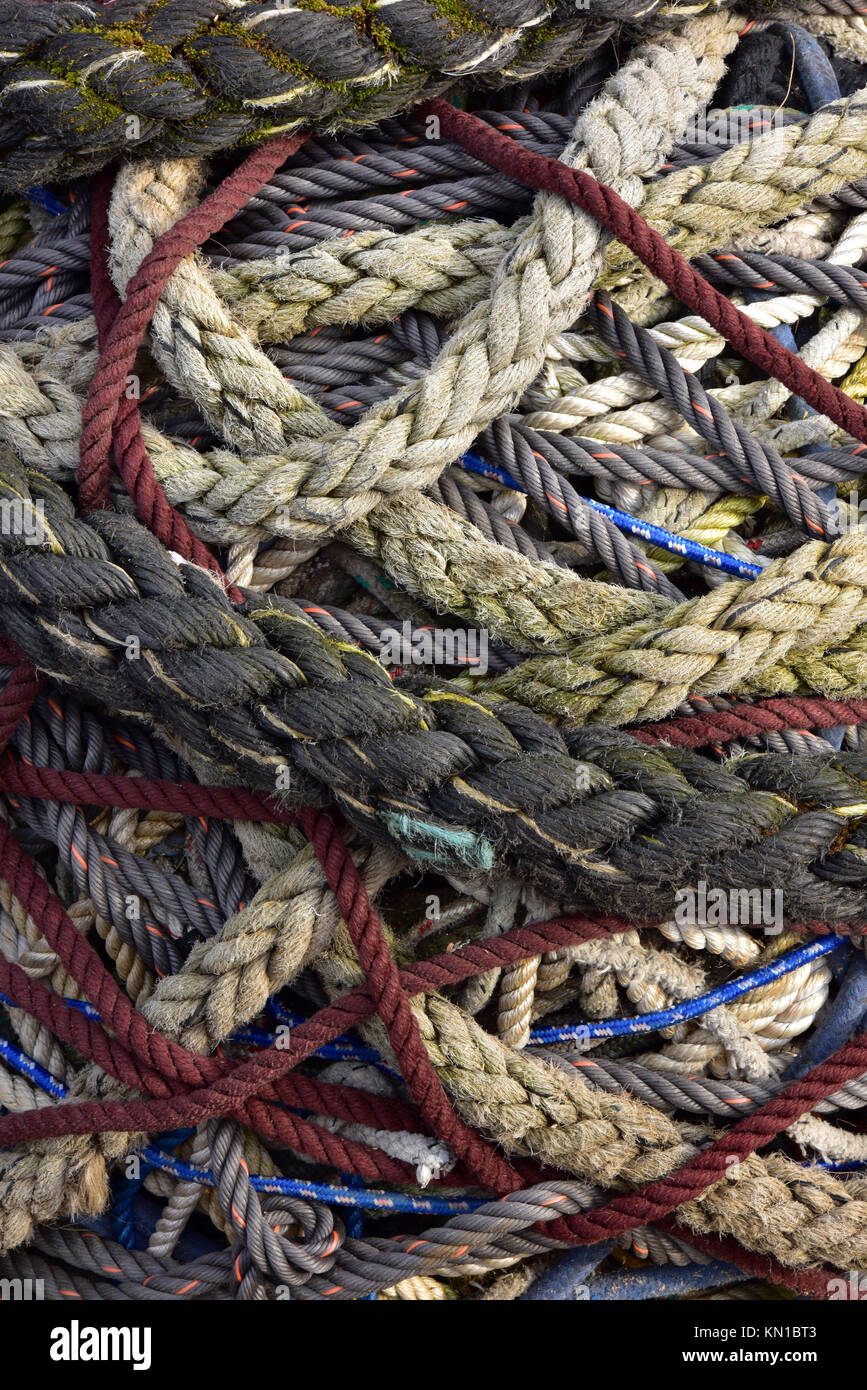 A mixture of different types and colours of ropes and twines all