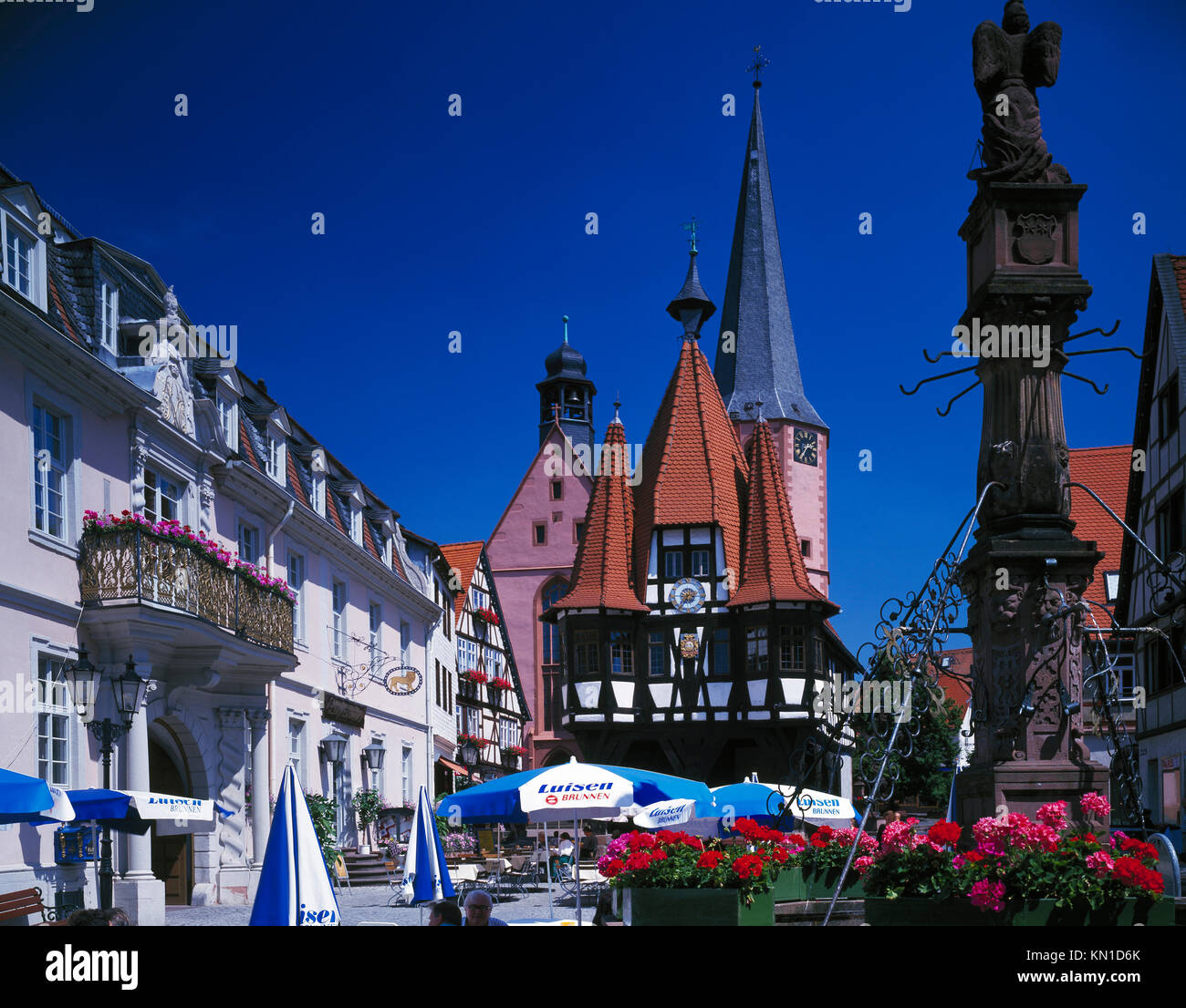 Historical city hall, market place, half-timbered houses, Michelstadt, Odenwald, Hesse, Germany. Stock Photo