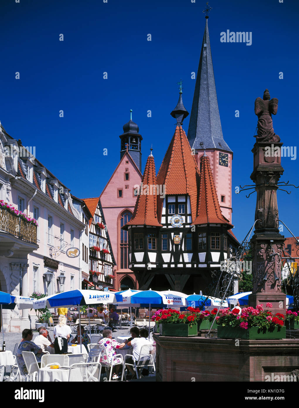 Historical city hall, market place, half-timbered houses, Michelstadt, Odenwald, Hesse, Germany. Stock Photo