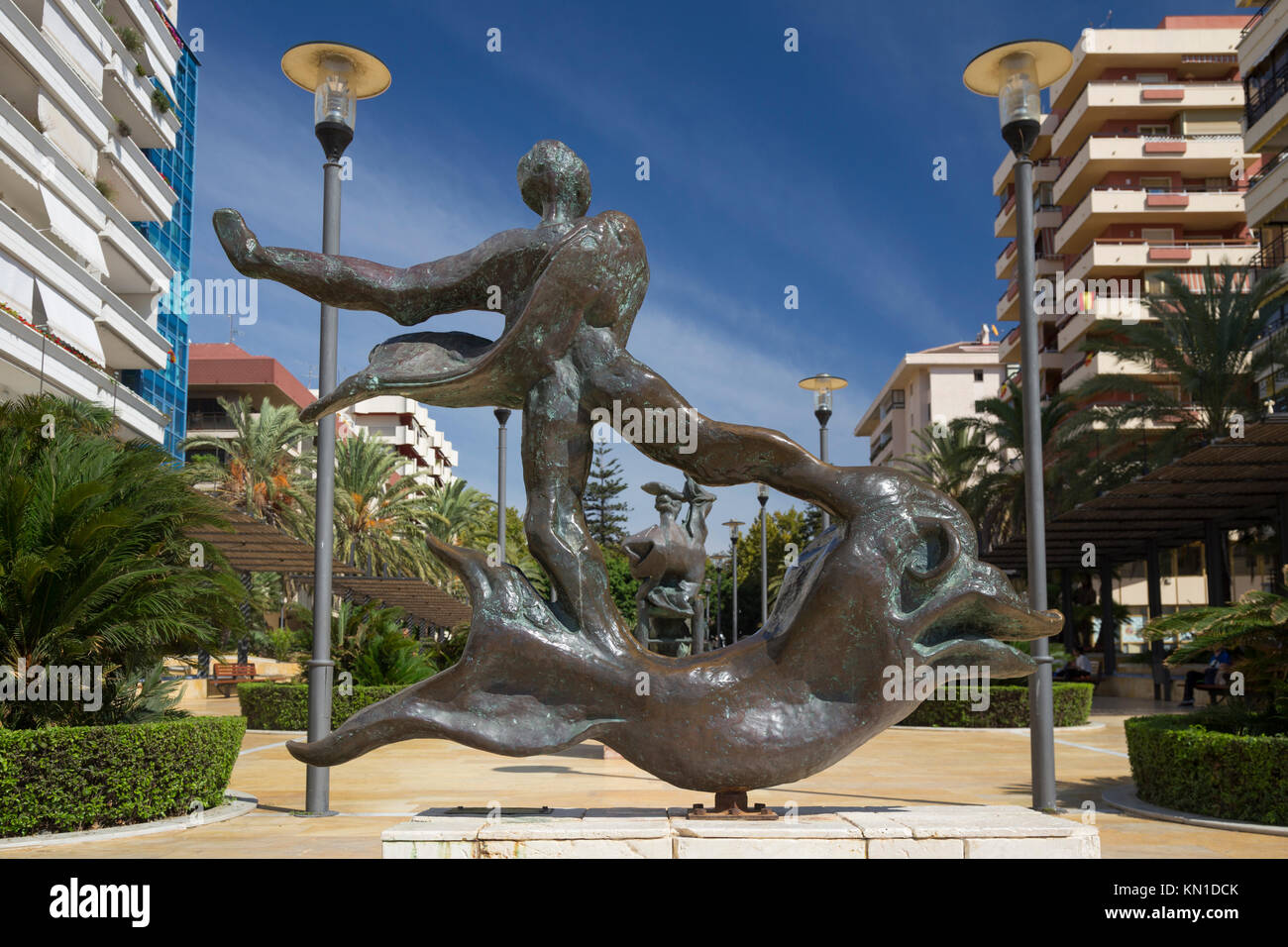 Hombre Sobre Delfín (Man above dolphin): One of Salvador Dali's sculptures in Avenida del Mar, Marbella, Spain Stock Photo