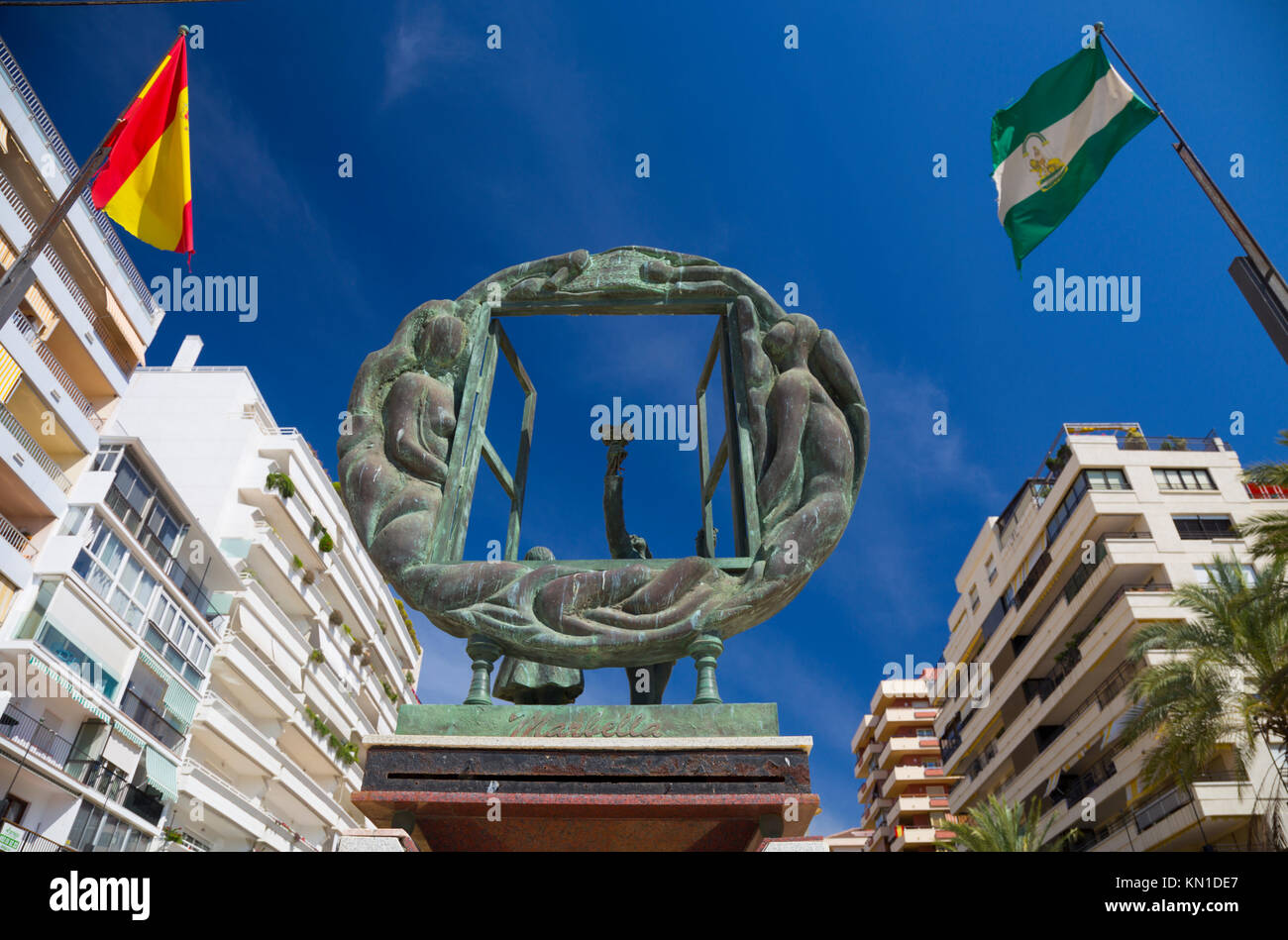 Sculpture in the Avenida del Mar, at the top of the steps leading down to the Paseo Maritimo, is an art piece by Eduardo Soriano. Marbella, Spain. Stock Photo