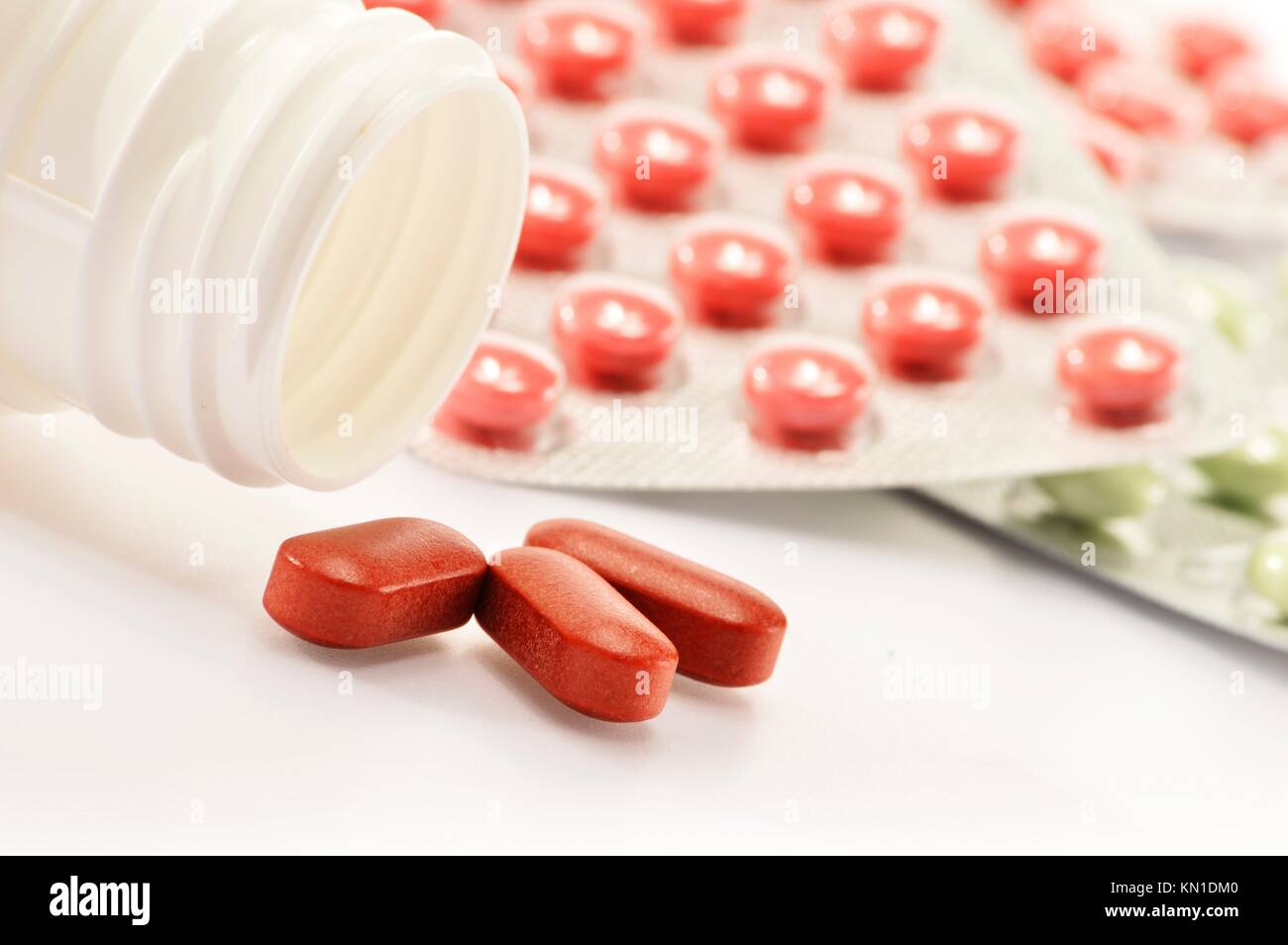 Composition with dietary supplement capsules and drug pills Stock Photo