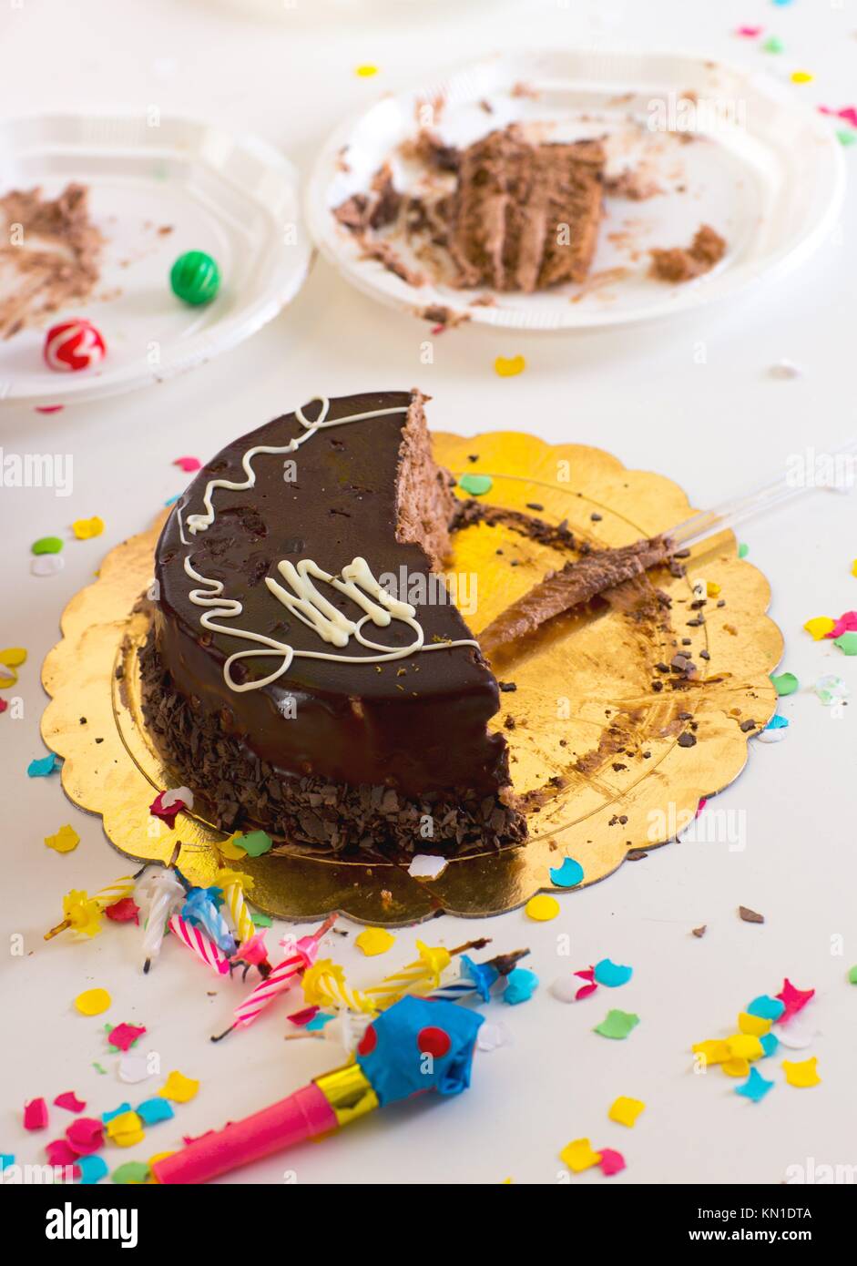 After End Of Child Birthday Party With Half Chocolate Cake Slices And Confetti Stock Photo Alamy After End Of Child Birthday Party With Half Chocolate Cake Slices And Confetti Stock Photo Alamy