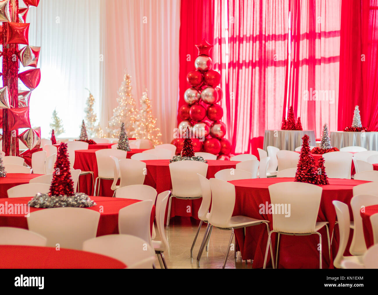 Holiday Party in red and white themed decor, selective focus, shallow depth of field Stock Photo