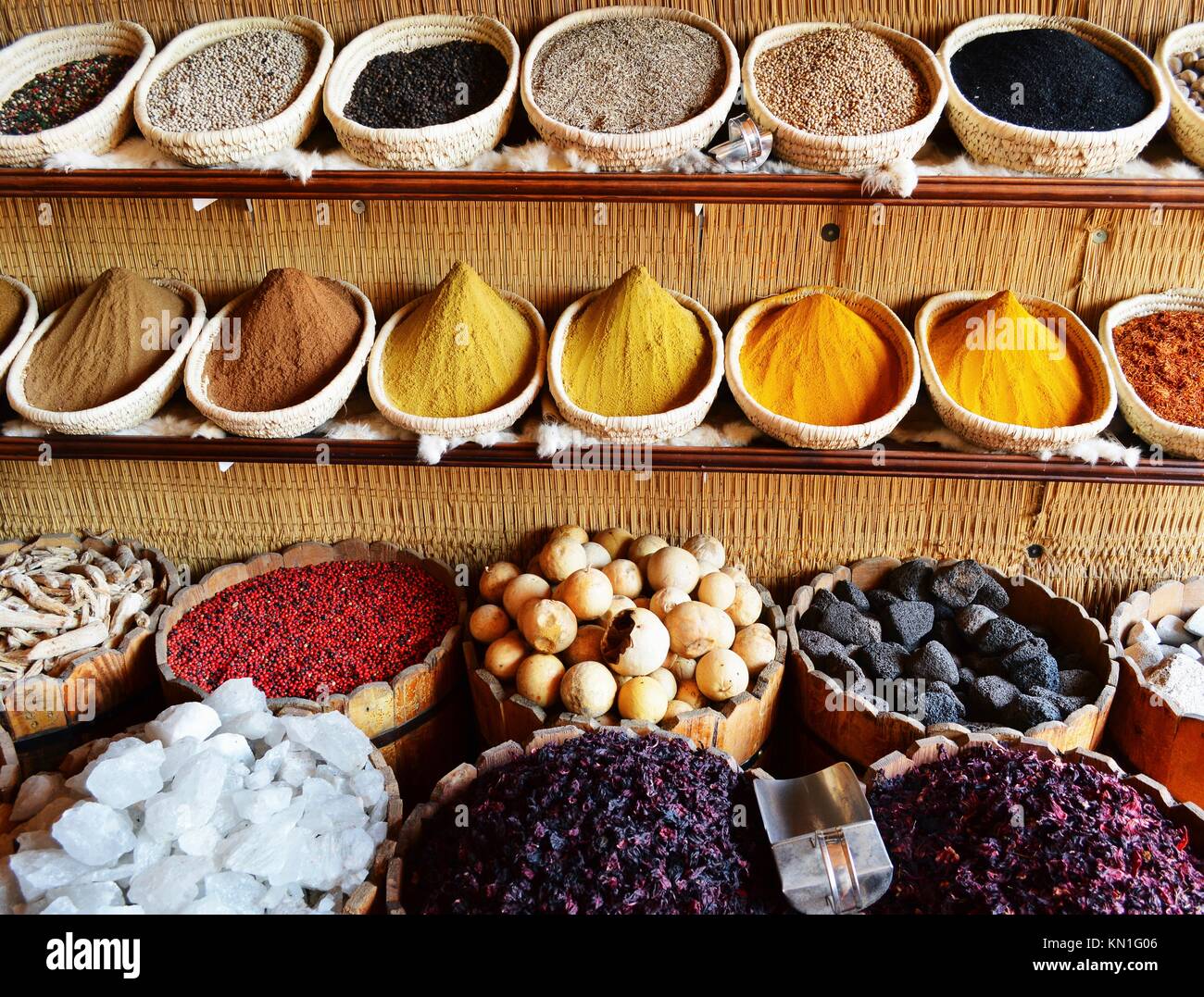 Spices in arabic store including turmeric and curry powder Stock Photo