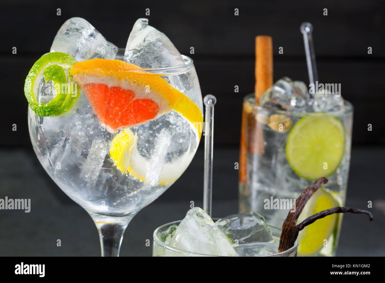 Gin tonic varied cocktails with lima lemon and grapefruit vanilla and