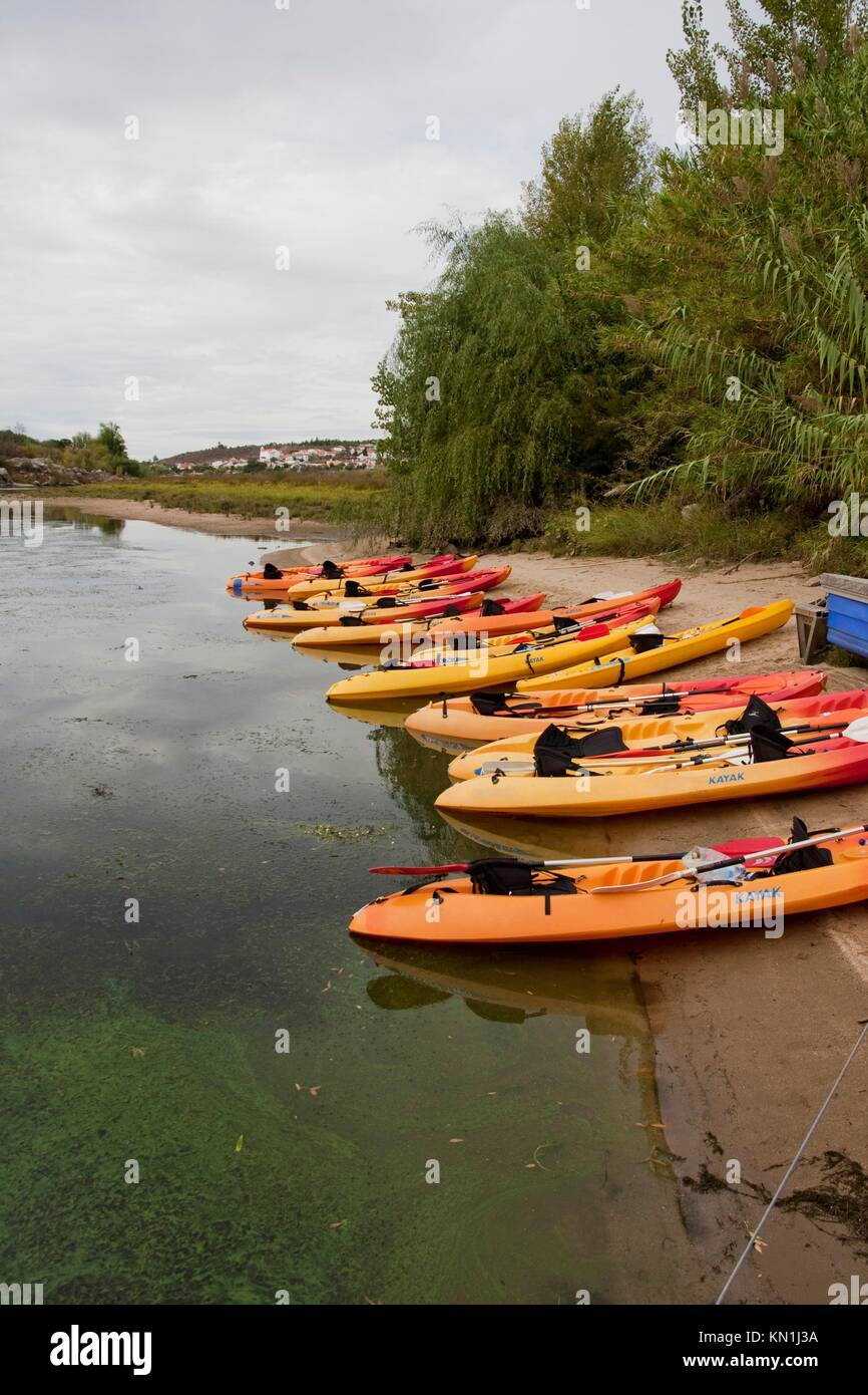 View of a row of kayak recreational boats on the shore. Stock Photo