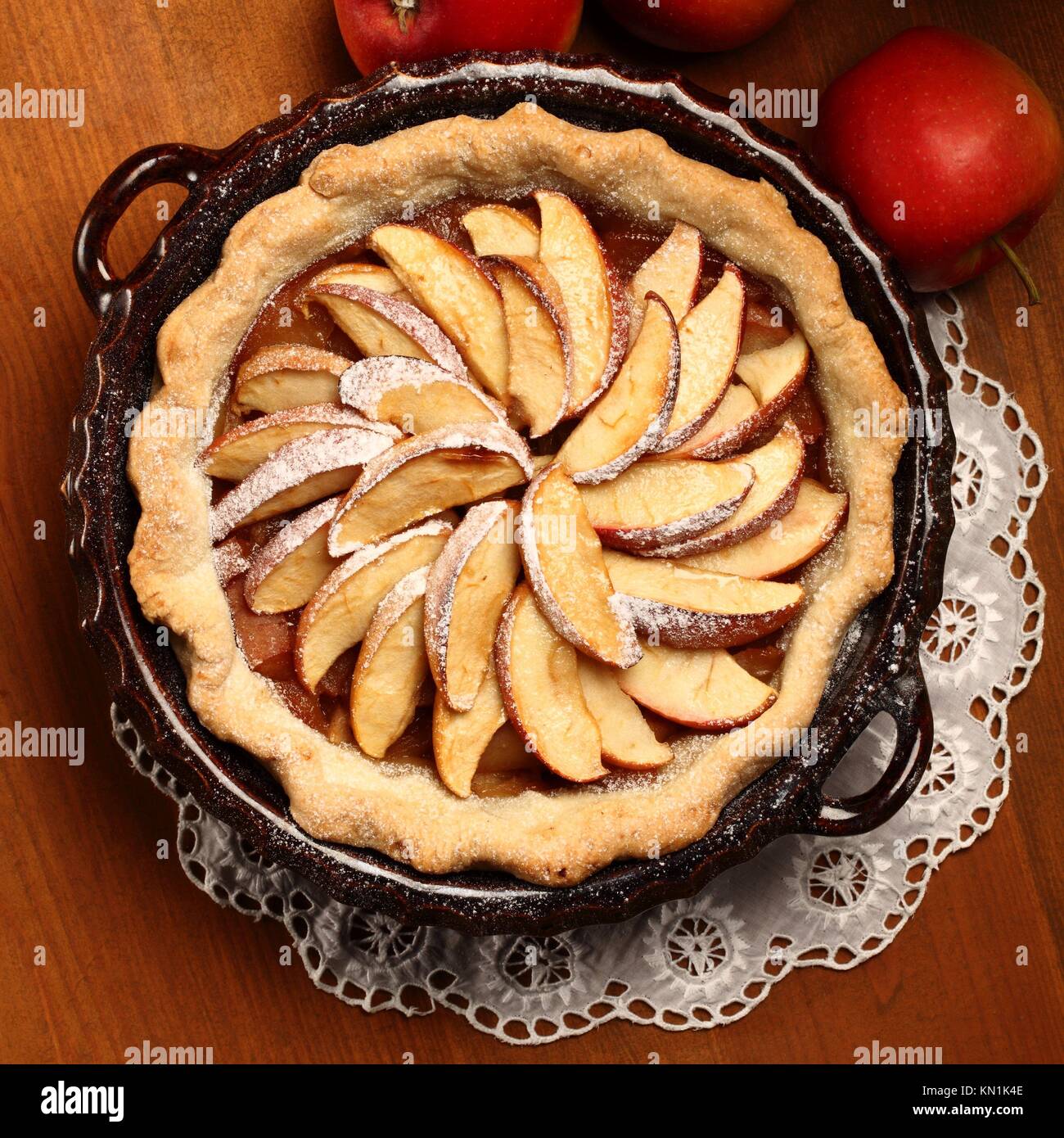 Top view of apple pie in cake tin Stock Photo Alamy