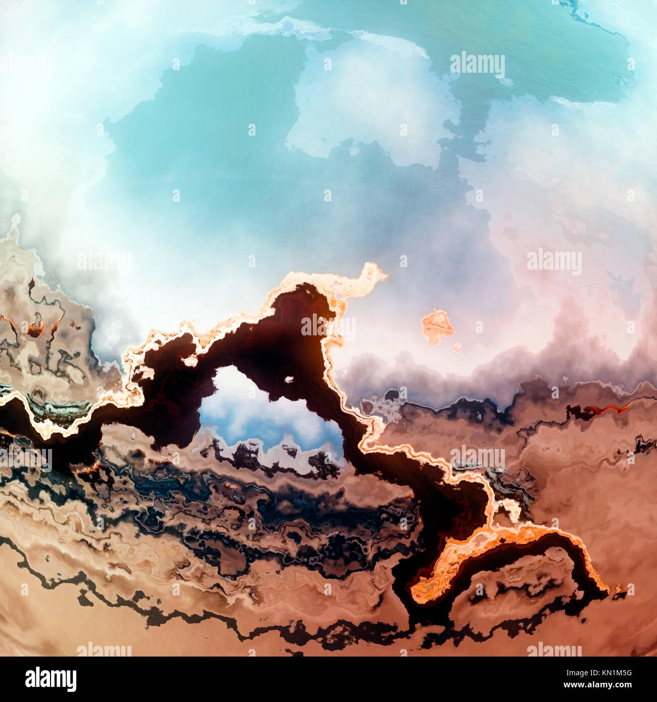 Volcanic desert lake fantasy landscape vision, abstract background illustration Stock Photo