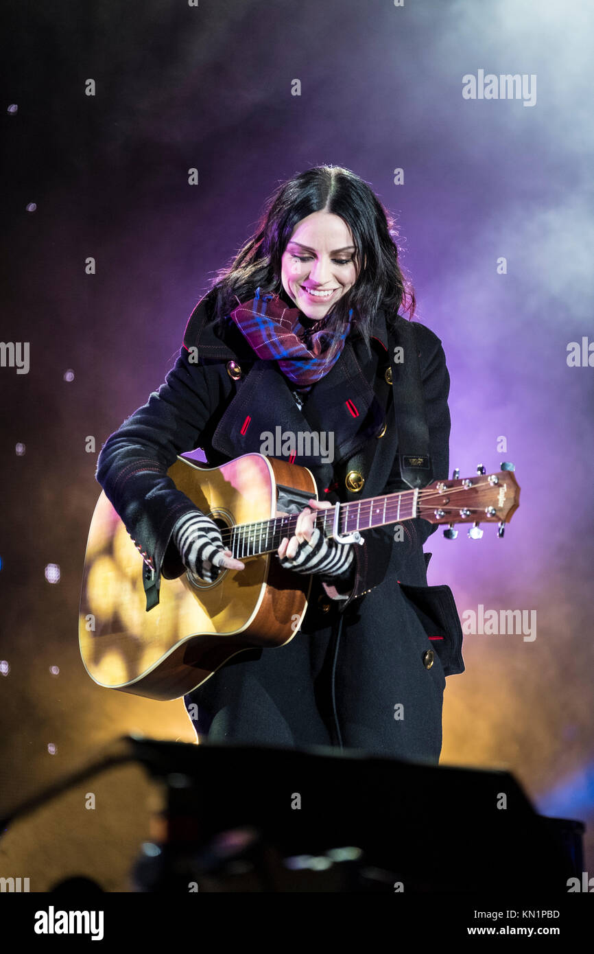 Edinburgh, United Kingdom. 9 December,2017. Sleep in the Park, held in Princes Street Gardens in Edinburgh, will see almost 9000 people sleep outdoors to raise money and awareness of homelessness. The event is organised by Social Bite and starts with a music concert. Amy MacDonald performs on stage. Credit: Iain Masterton/Alamy Live News Stock Photo