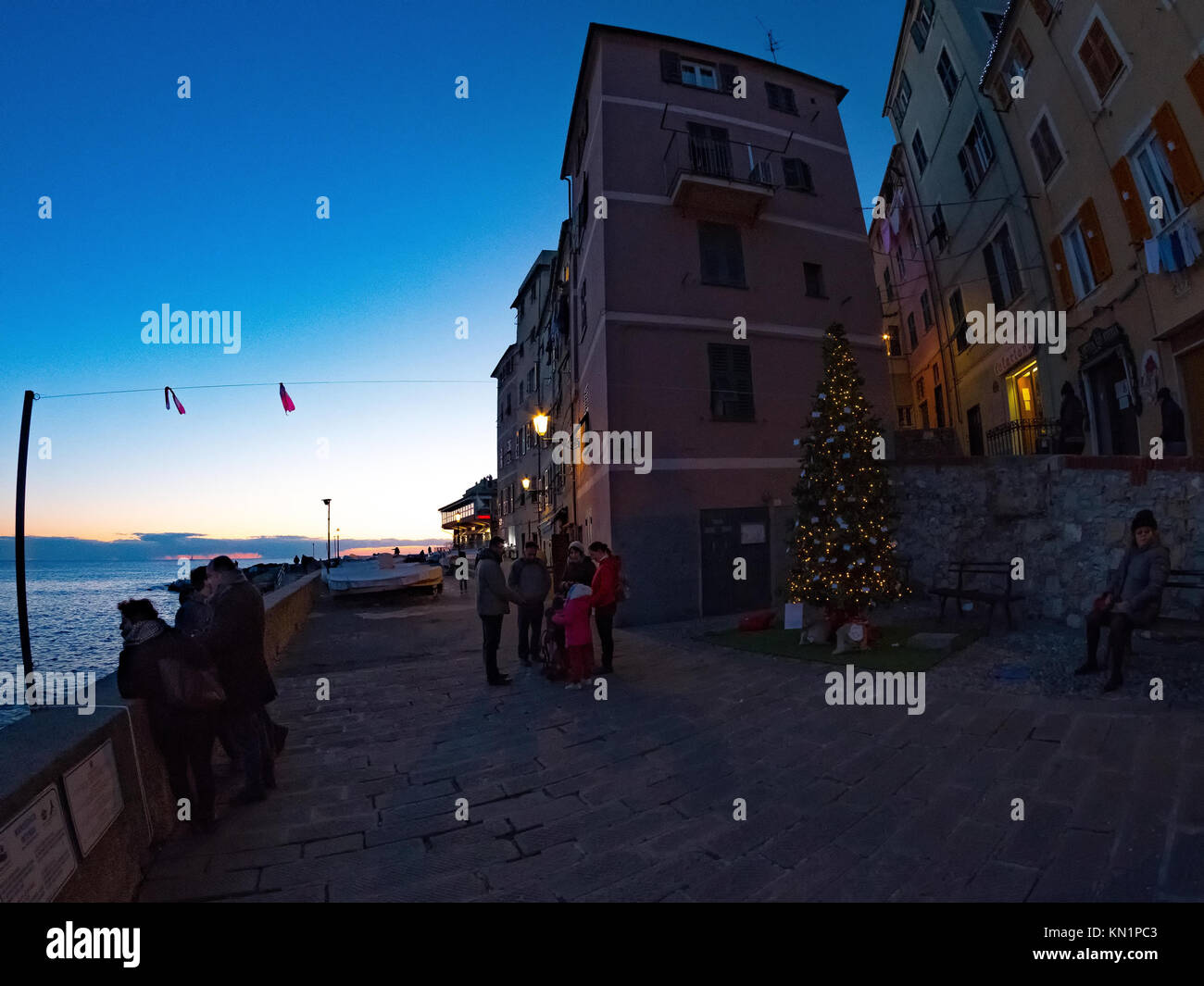 Genoa, ITALY - DECEMBER 09:In Boccadasse, an enchanted village in Genoa, where the lights of Christmas make its beauty and particularity even more suggestive. A fishing village that has maintained all its beauty over time.on DECEMBER 09, 2017 in Genoa, Italy.    HOW TO LICENCE THIS PICTURE: please contact us via e-mail at awakeningve@gmai.com for prices and terms of copyright. First Use Only ,Editorial Use Only, All repros payable, No Archiving. Stock Photo