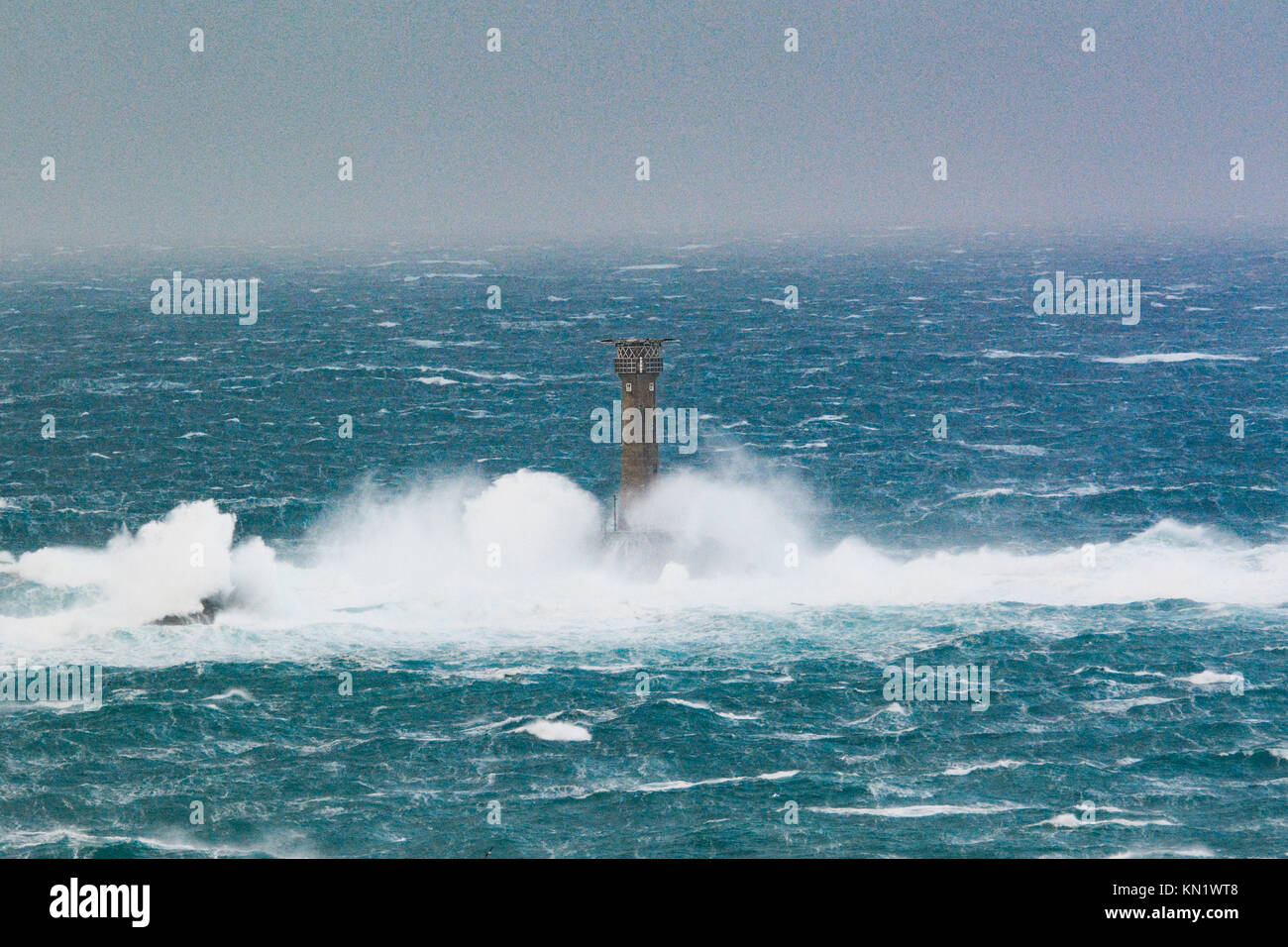 Lands End, Cornwall, UK. 10th Dec, 2017. UK Weather. The longships lighthouse at Lands End getting battered by huge winds and wages, as high winds bring disruption to Cornwall. Credit: Simon Maycock/Alamy Live News Stock Photo