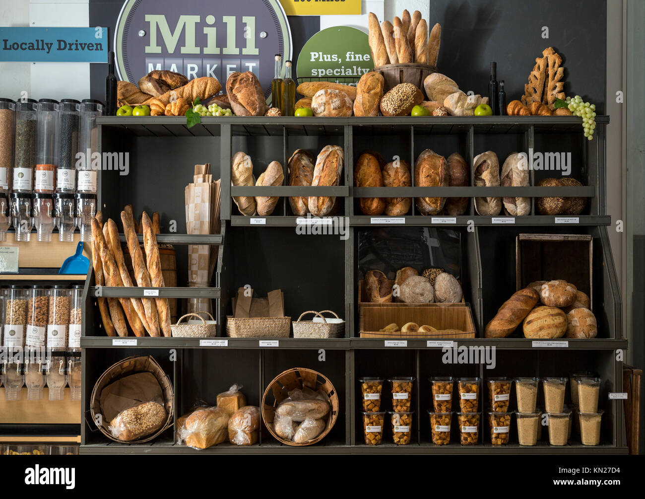 Artisan Bakery display  at grocer, The Mill Market and supermarket, Hawley, Pennsylvania, USA, Stock Photo