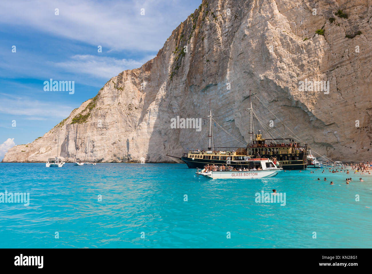 ZAKYNTHOS, GREECE, September 27, 2017: Tourists on excursion boat trip in the Navagio beach.  Zakynthos island, Greece Stock Photo