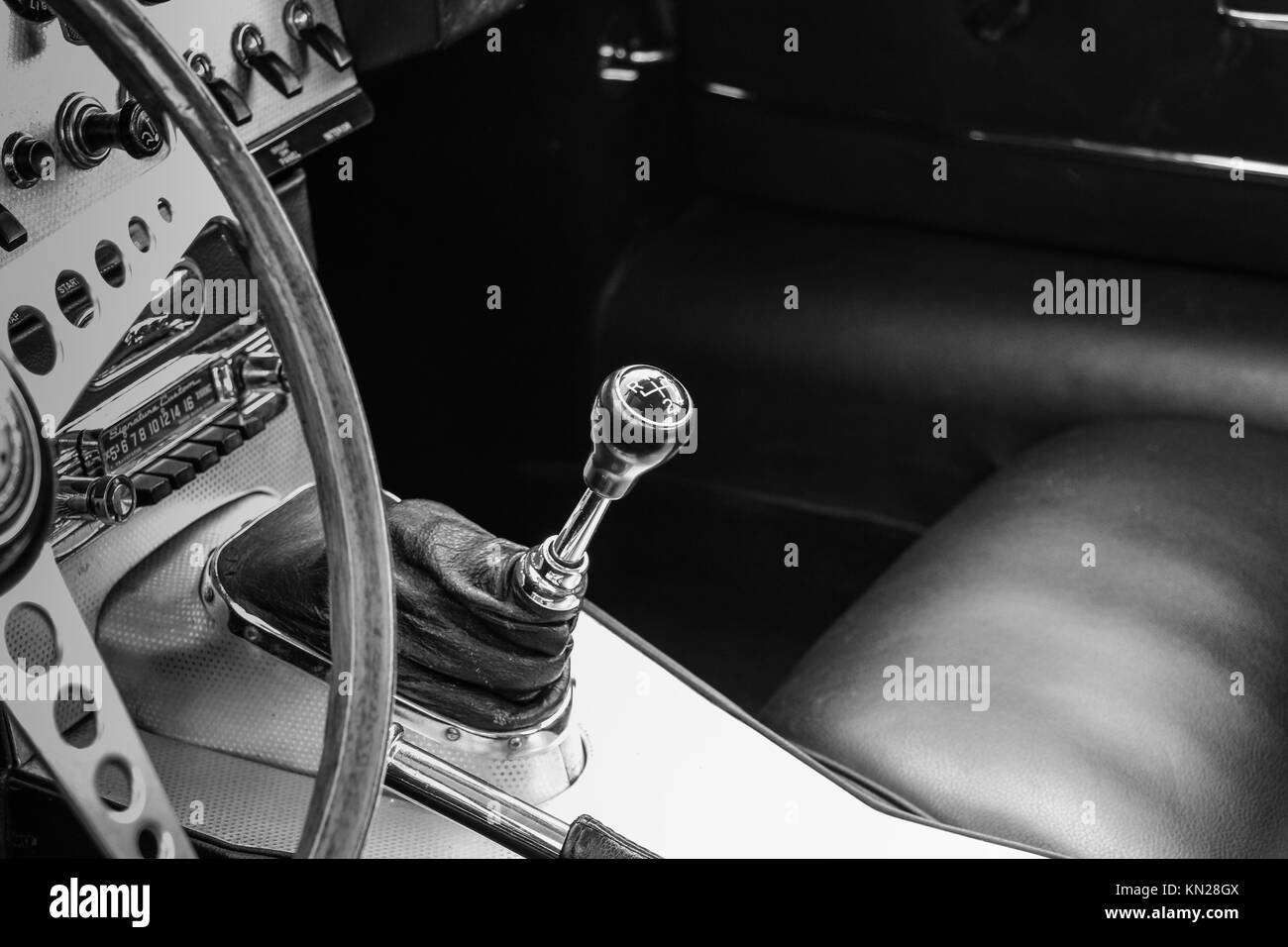 Driver's cockpit of a classic car. Gear Box Stock Photo