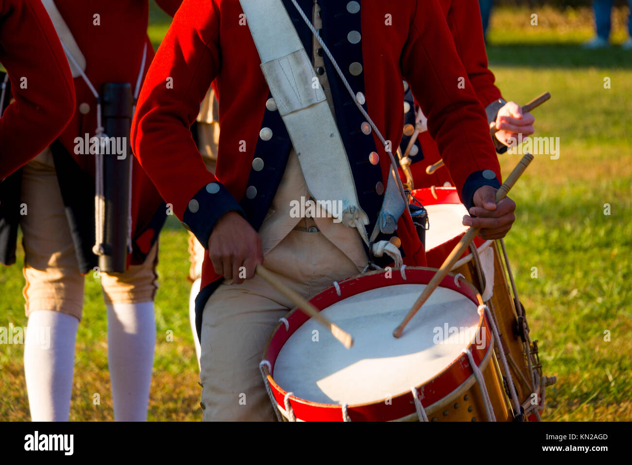 USA Virginia VA Colonial Williamsburg the fife and drum corp marching and playing to an audiance Stock Photo