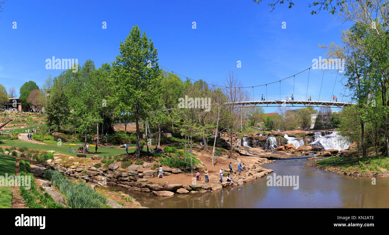 Liberty Bridge and Falls Park on the Reedy in Spring, Greenville, South Carolina, USA Stock Photo
