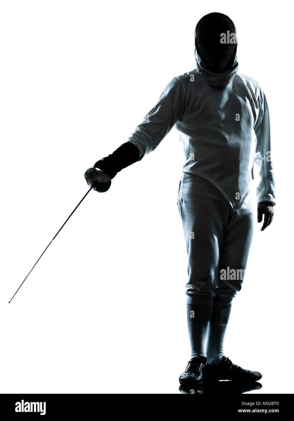 one man fencing saluting silhouette in studio isolated on white