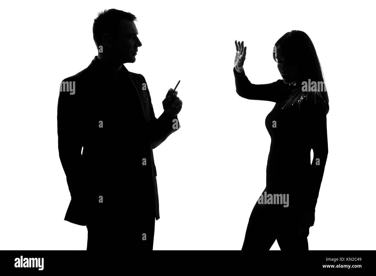 one caucasian couple man smoking cigarette and woman disturbed in ...