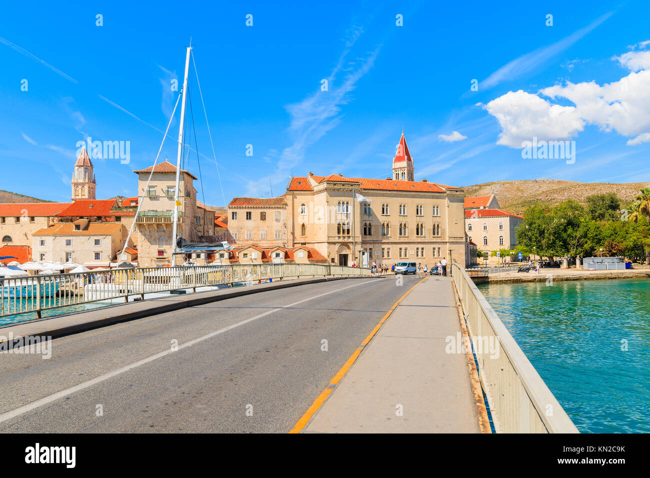 View of historic buildings in Trogir town from bridge over canal, Dalmatia, Croatia Stock Photo