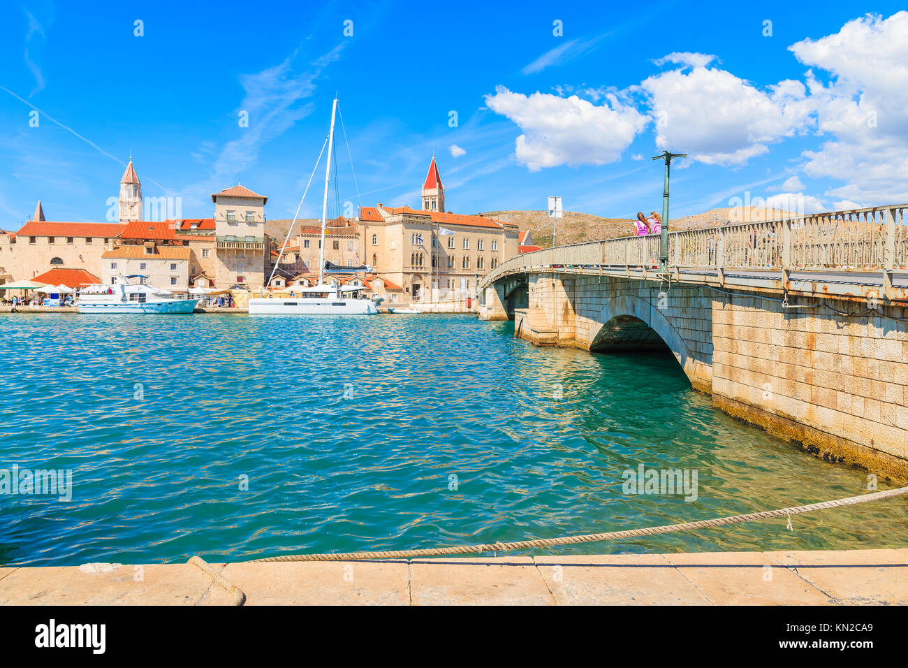 View of historic buildings in Trogir town and bridge over canal, Dalmatia, Croatia Stock Photo