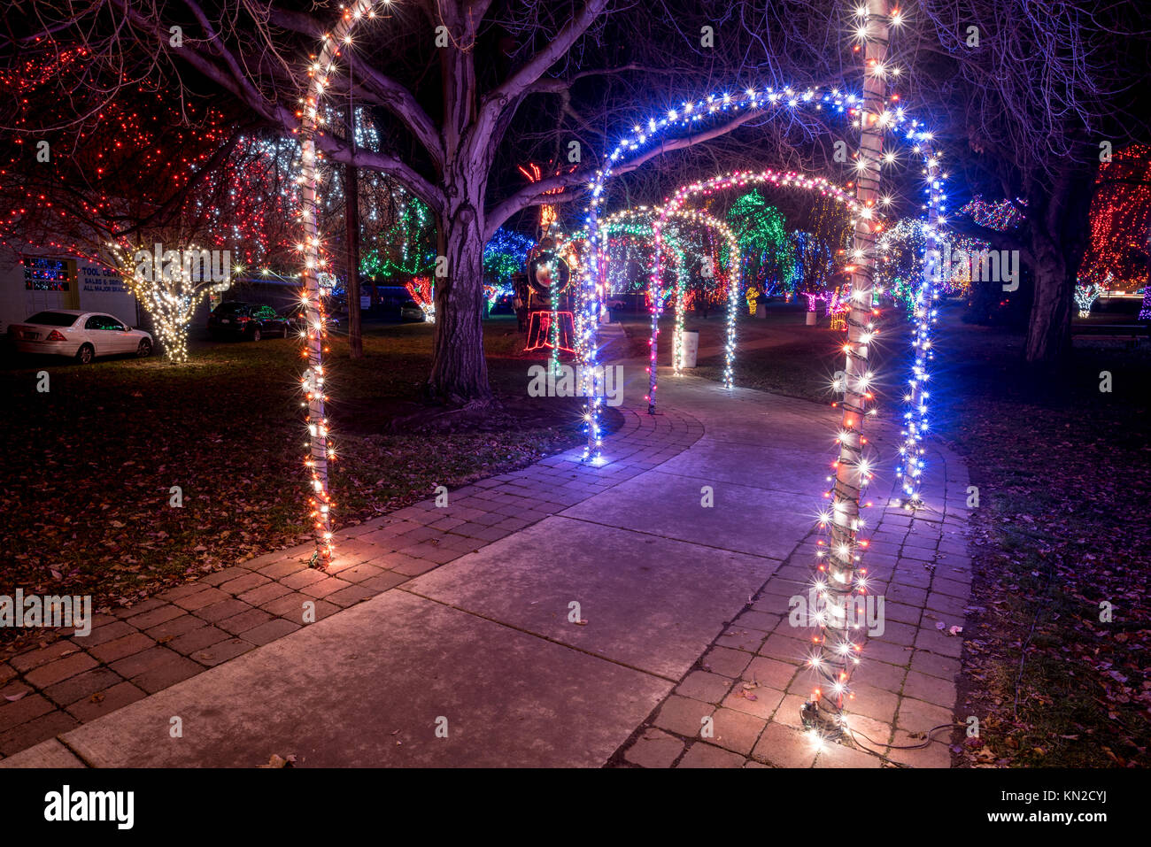 Winter Spirit Christmas lights display in Lewiston, Idaho's Locomotive Park. Stock Photo