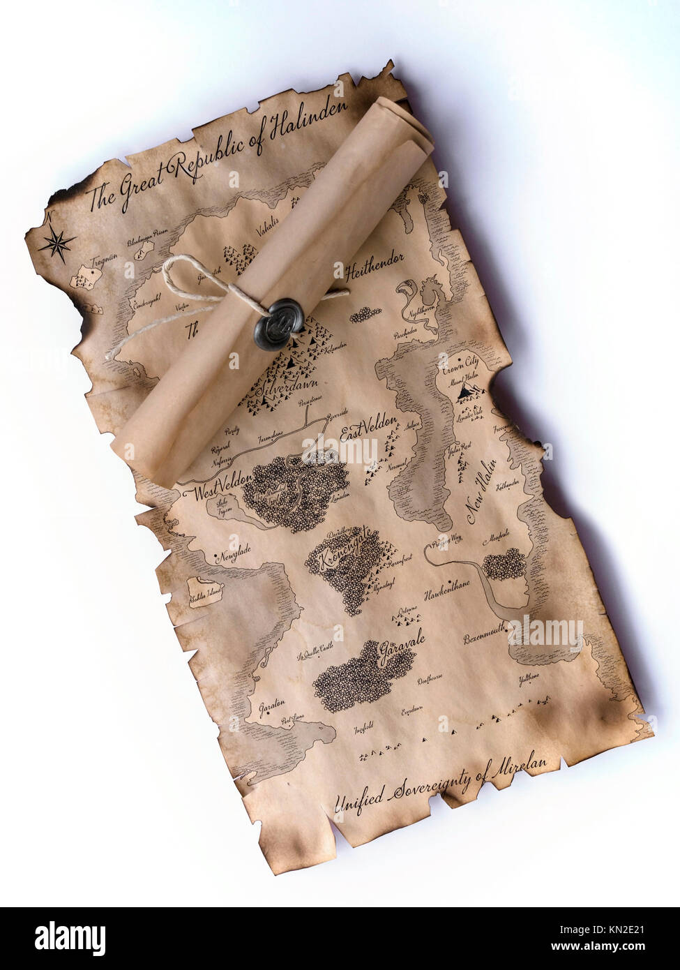 Fantasy roll playing game map with sealed scroll Stock Photo