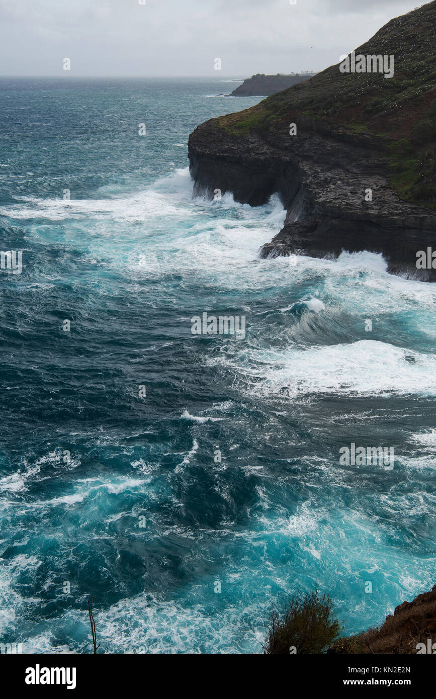 High waves crashing onto the cliffs at Kīlauea Point on Kauai Island, Hawaii Stock Photo