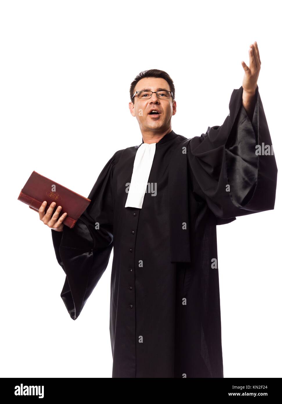 one caucasian lawyer man pleading in studio isolated on white ...