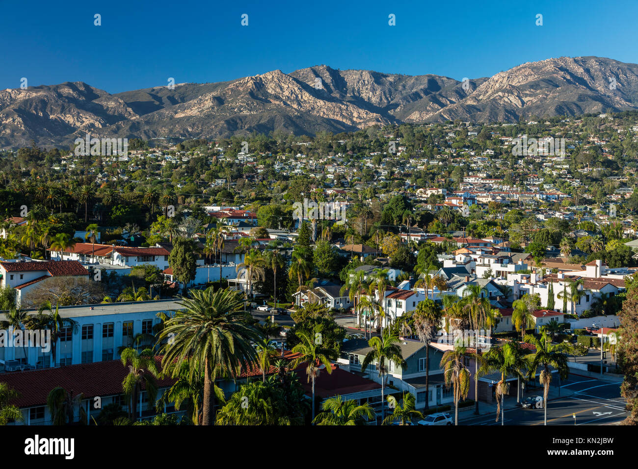Aerial view of Santa Barbara, California neighborhoods looking towards the Riviera neighborhood. Stock Photo