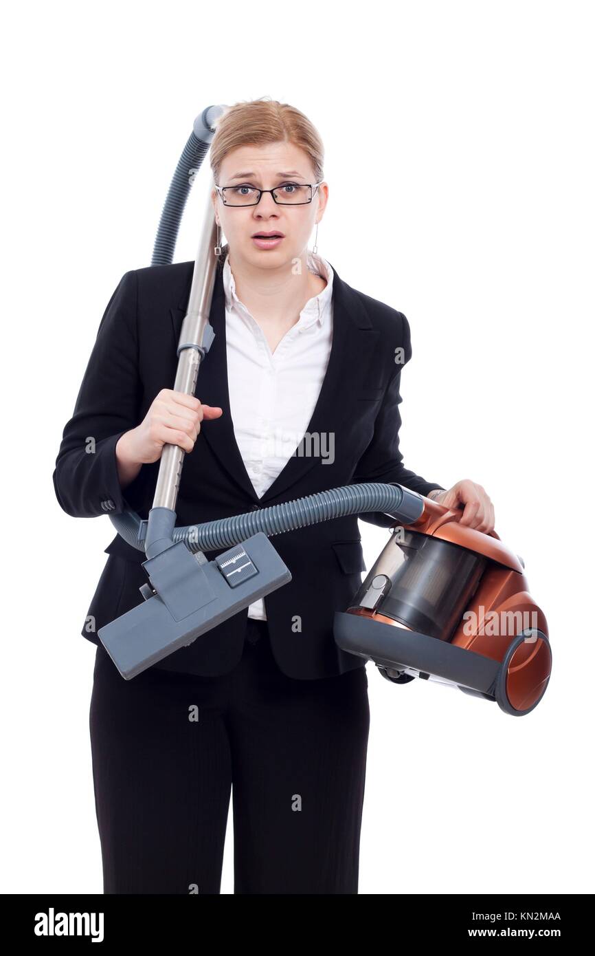 Unhappy shocked businesswoman with vacuum cleaner, isolated on white