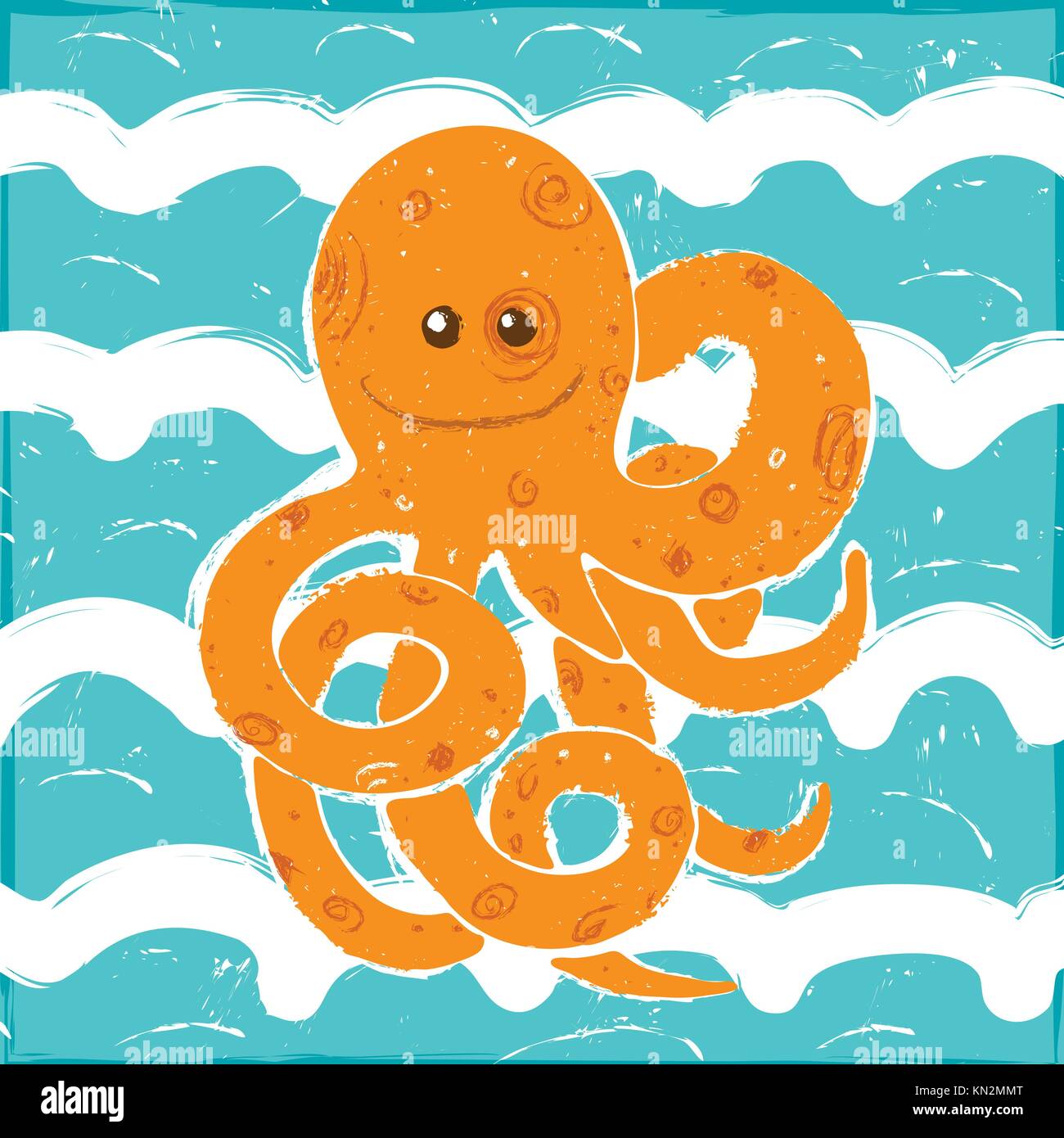 Orange Octopus in a Blue Waves, Vector Illustration painted with brush Stock Vector