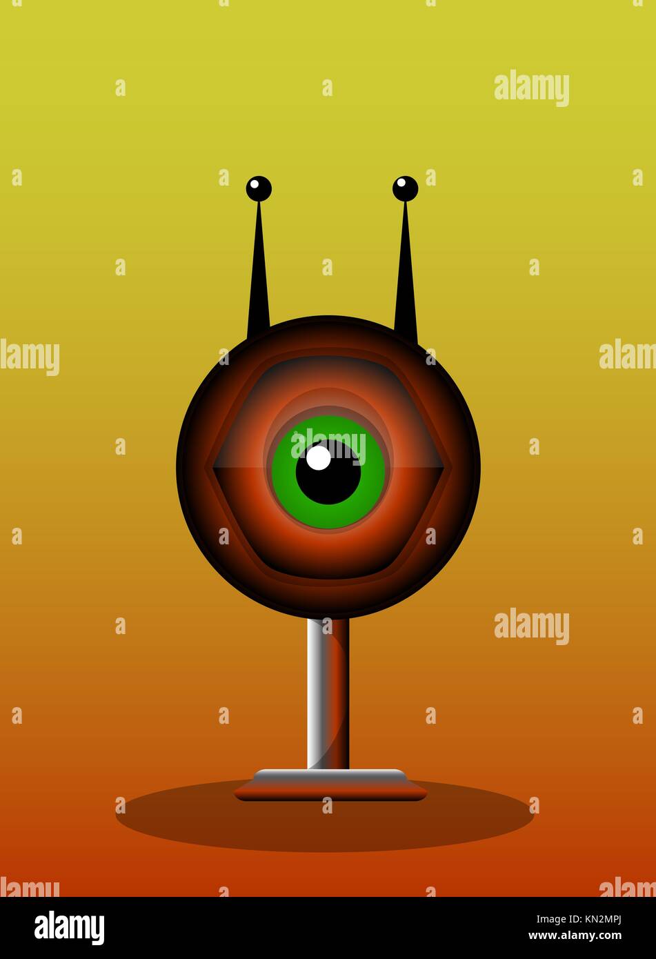 OneEyed Creature, Red Monster, Big Alien Eye with Antennae and Stand