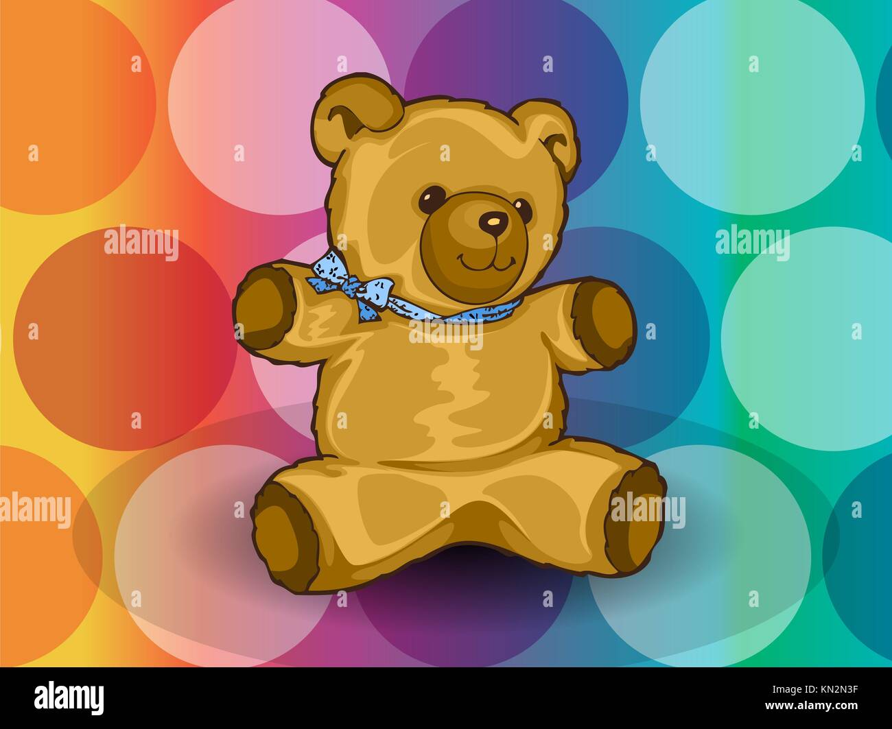 Teddy Bear, with blue ribbon, circles background, vector illustration