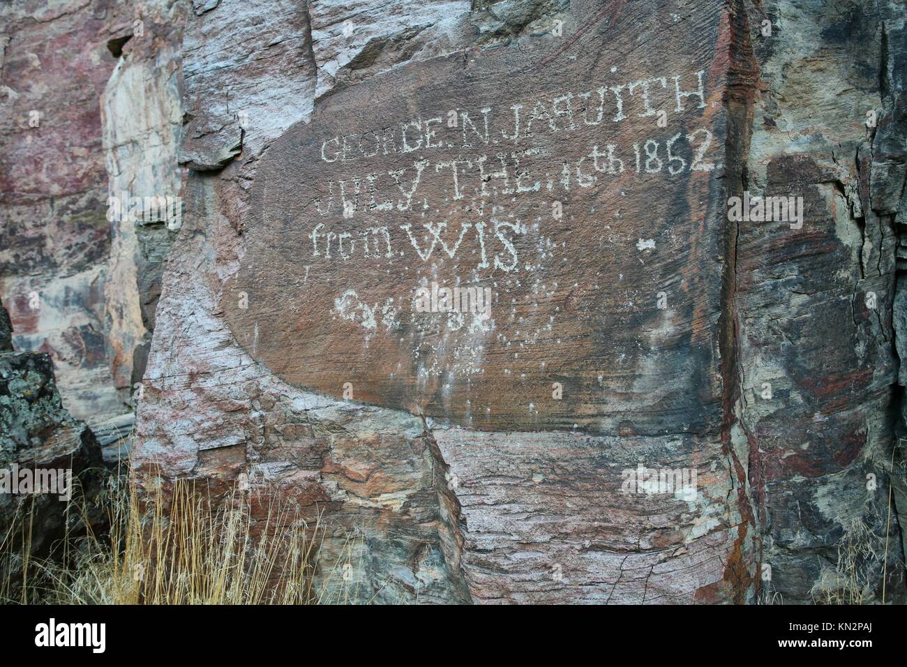 A pioneer inscription written in 1852 is carved on Register Rock on the California National Historic Trail at the City of Rocks National Reserve November 25, 2006 near Almo, Idaho.  (photo by Bob Wick  via Planetpix) Stock Photo