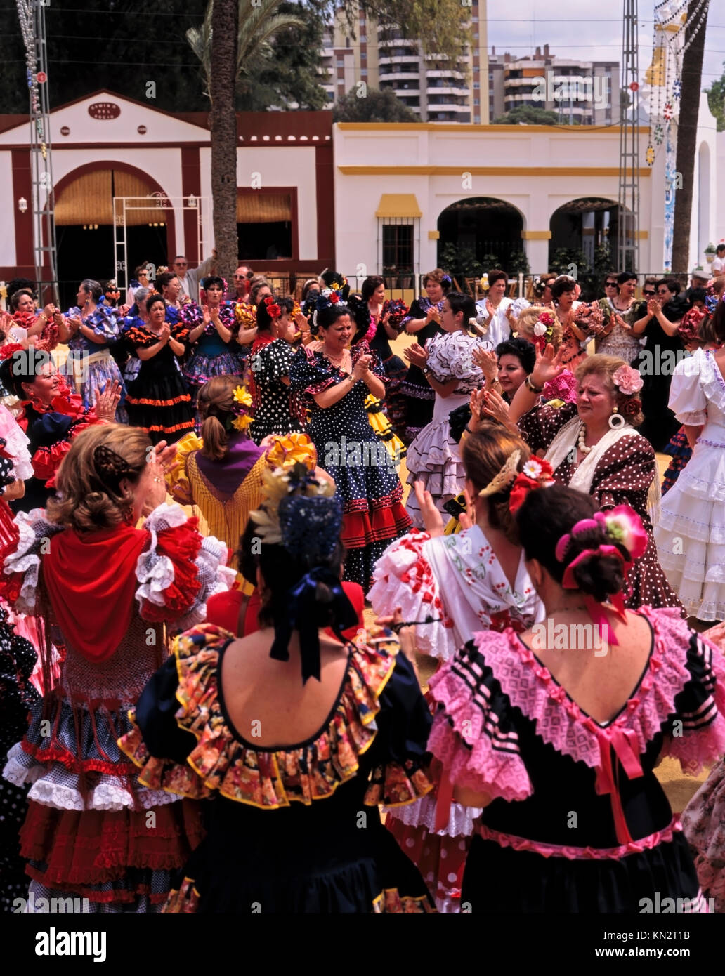 Jerez Horse Fair, Feria del Caballo, ladies flamenco dancing dressed in