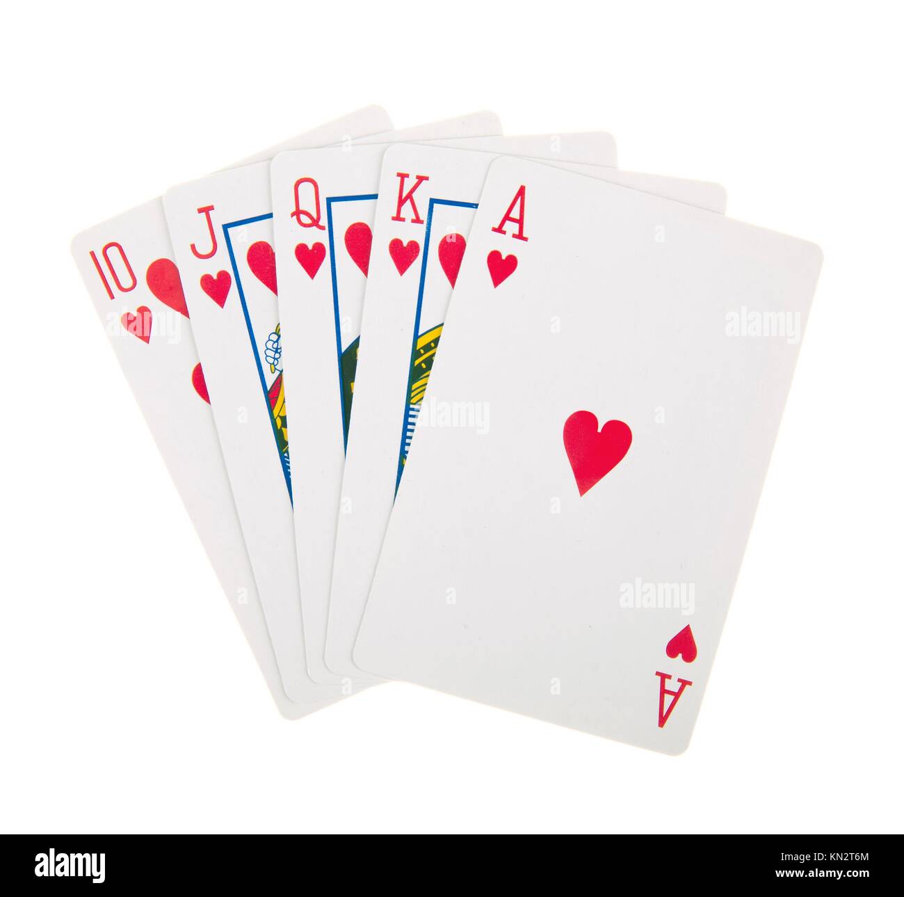 Royal straight flush playing cards poker hand in hearts, isolated on white  background Stock Photo - Alamy