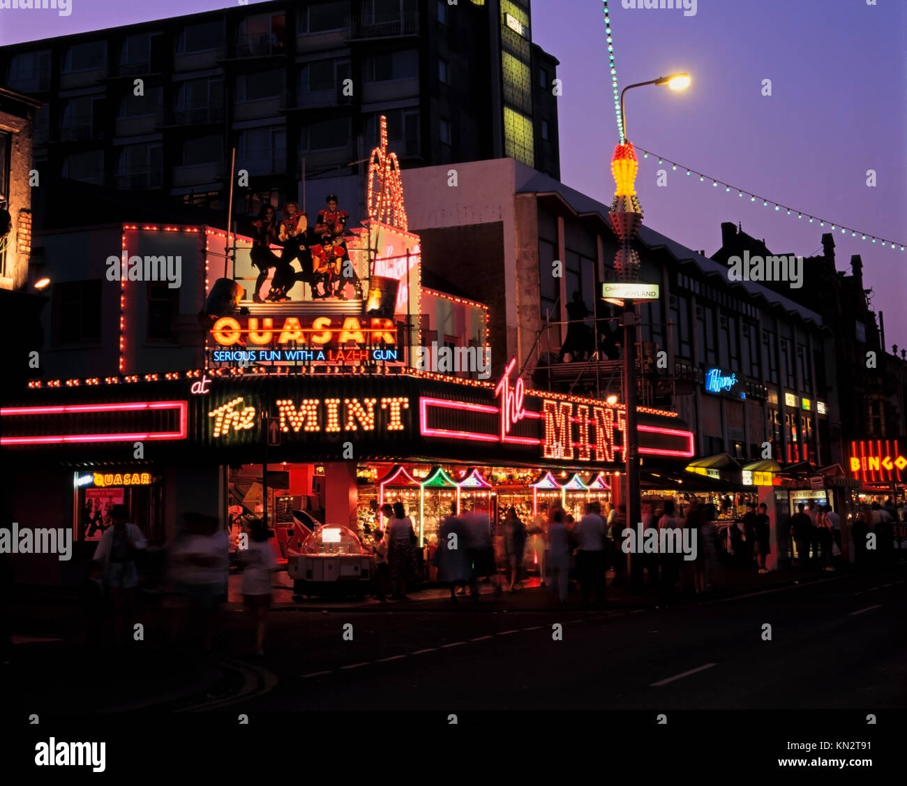 Great Yarmouth seafront, light streaks from traffic along the Marine Parade illuminations, Great