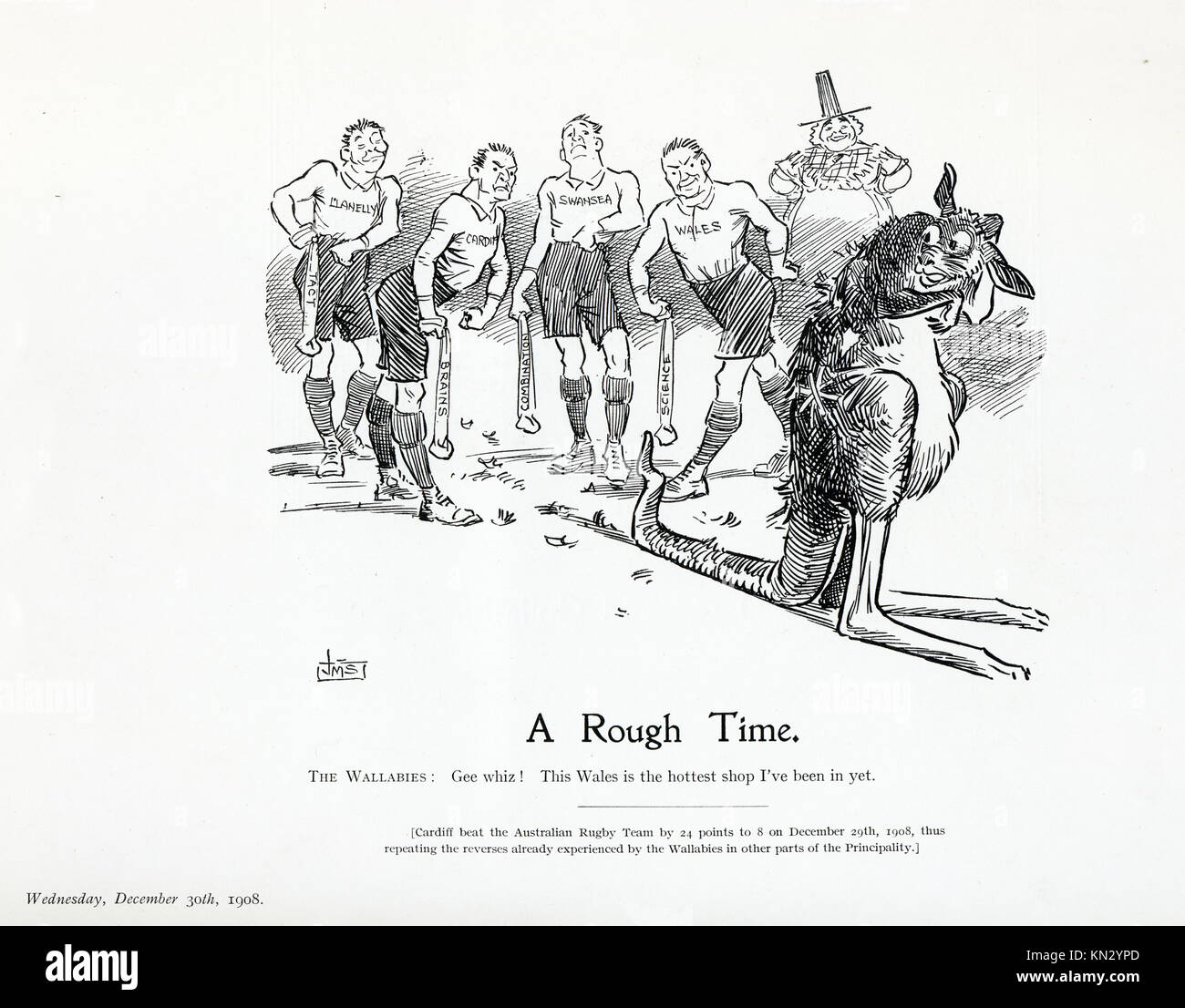 A Rough Time, 1908 cartoon by JM Staniforth on the First Wallaby Australian rugby touring side and their defeats in Wales by Llanelli, Swansea, the national side and finally by Cardiff Stock Photo