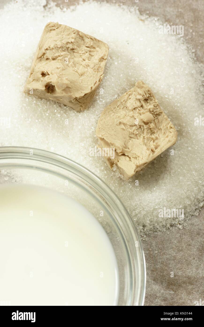 BakerÂ´s yeast , sugar and milk for leaven Stock Photo Alamy
