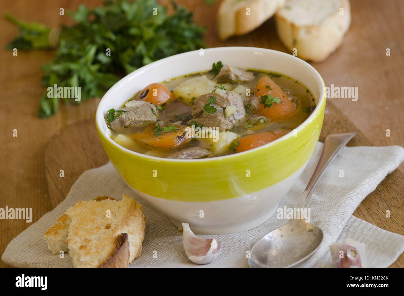 Slowcooked Irish stew with tender lamb meat, potatoes and vegetables